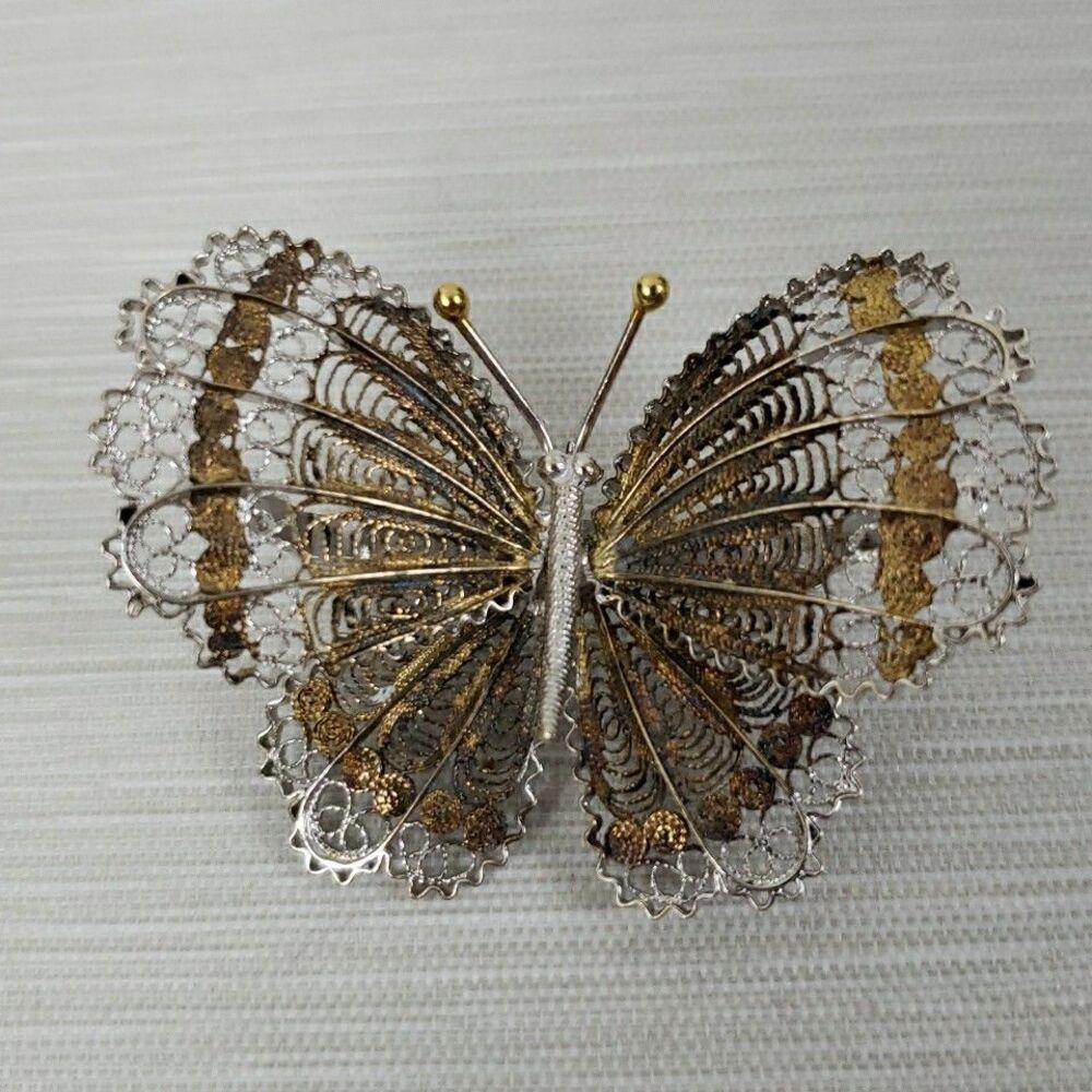 Filigree Butterfly Pin Brooch Two Tone Ornate 925 Plated Insect VTG